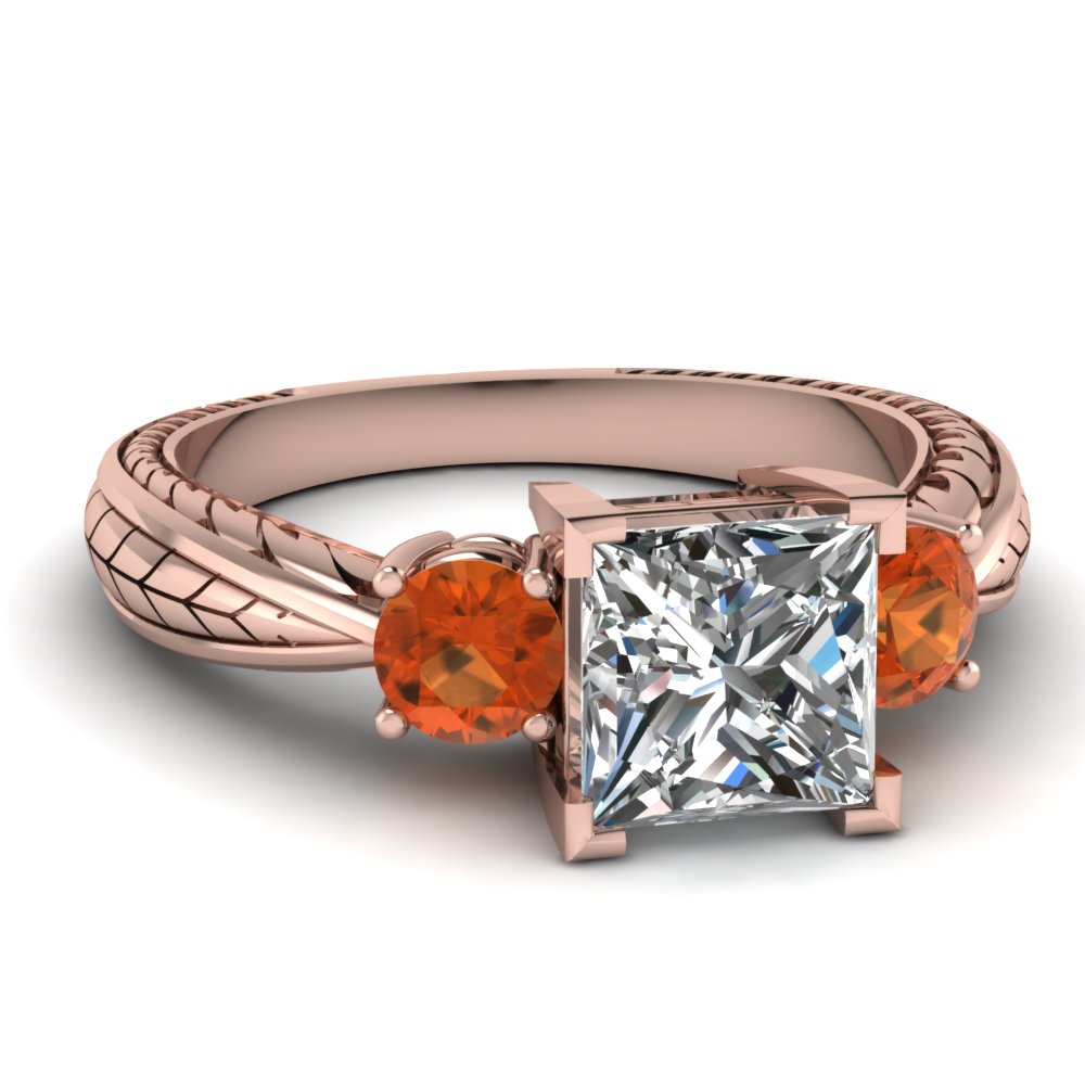 Engraved Princess 3 Stone Diamond And Gemstone Ring