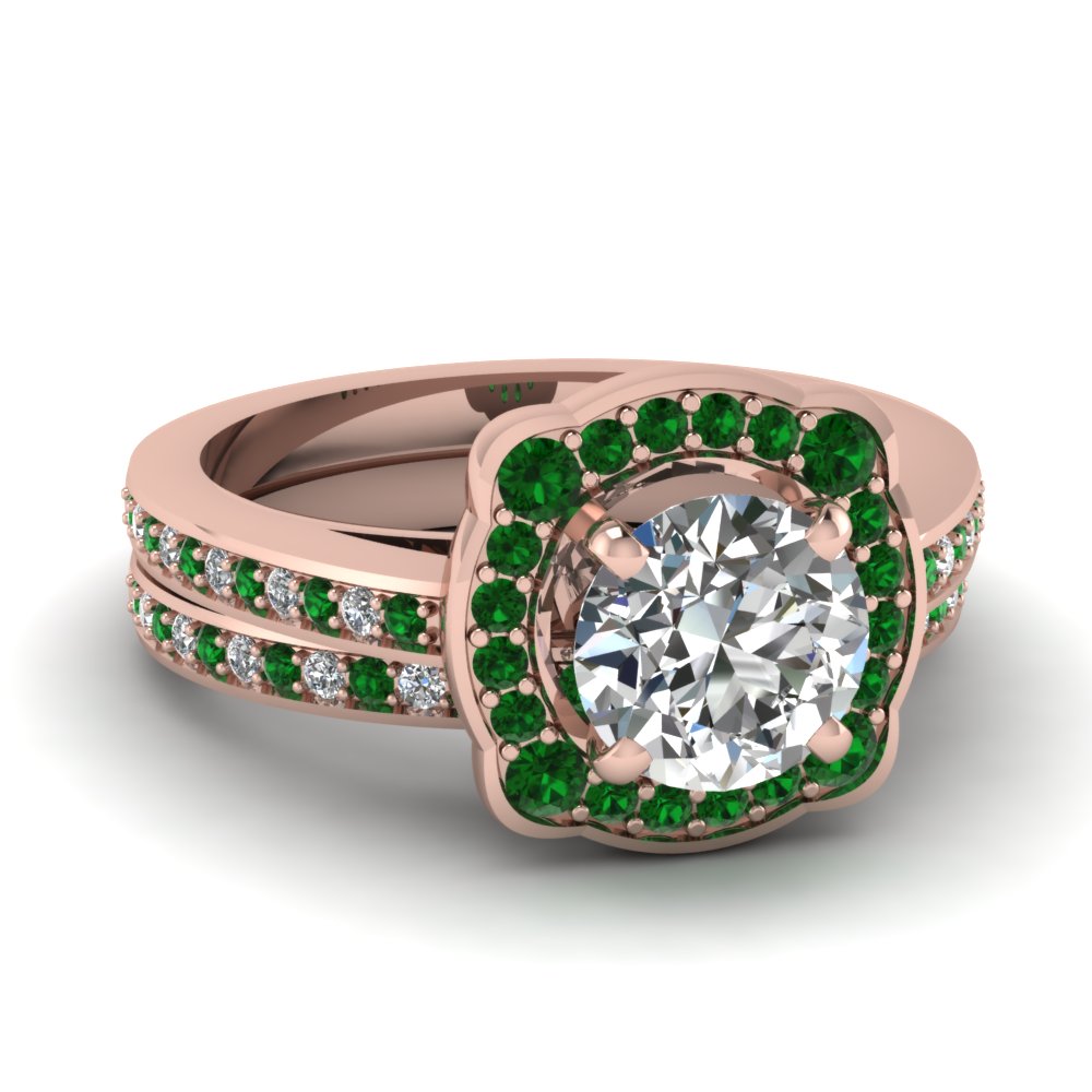 Diamond and Emerald Halo Offbeat Wedding Ring