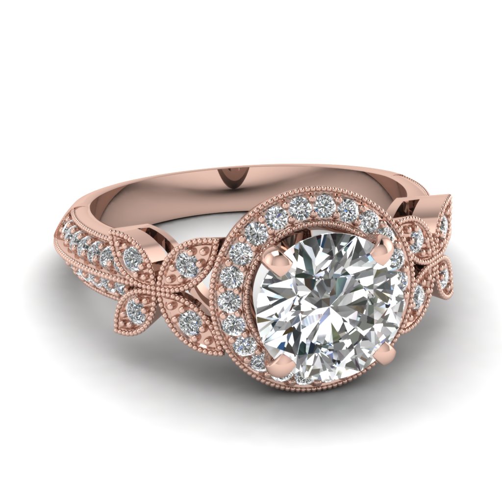 Round Cut diamond Halo Engagement Rings with White Diamond in 14K Rose Gold