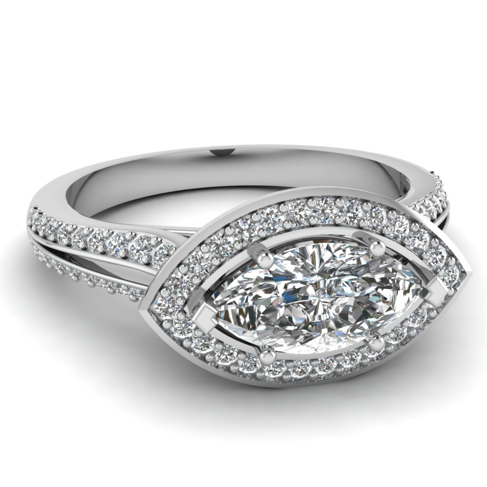 Marquise Shaped diamond Halo Engagement Rings with White Diamond in 14K White Gold