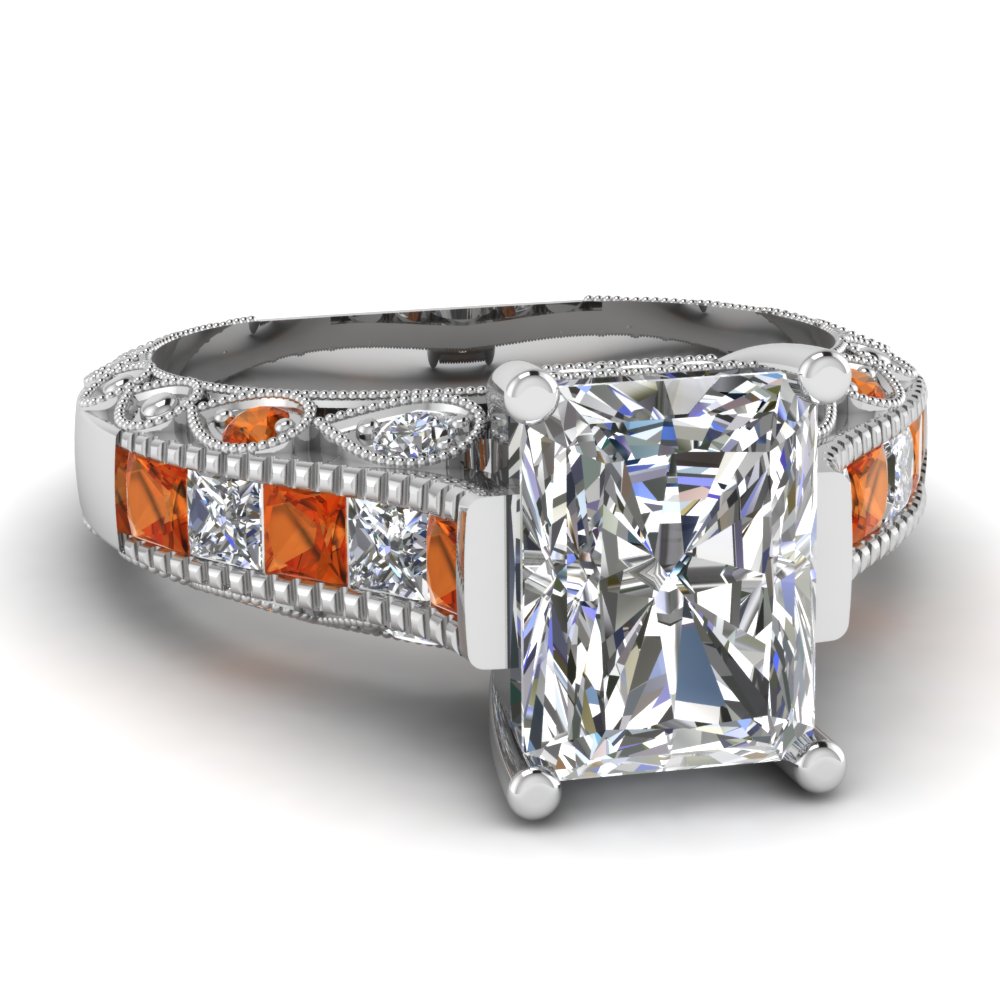 Radiant Cut diamond Vintage Engagement Rings with Orange Sapphire in 14K White Gold