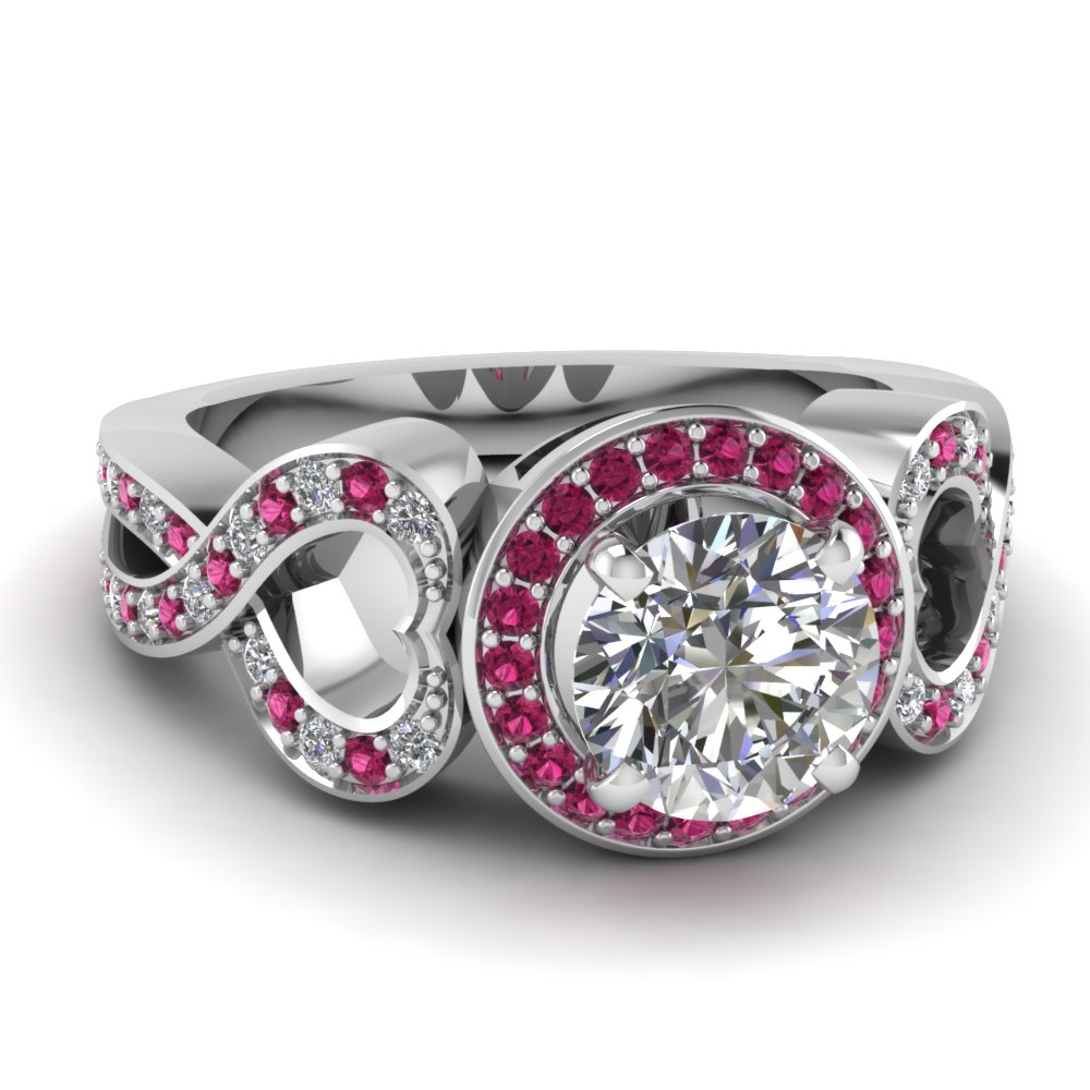 Round Cut diamond Halo Engagement Rings with Pink Sapphire in 14K White Gold