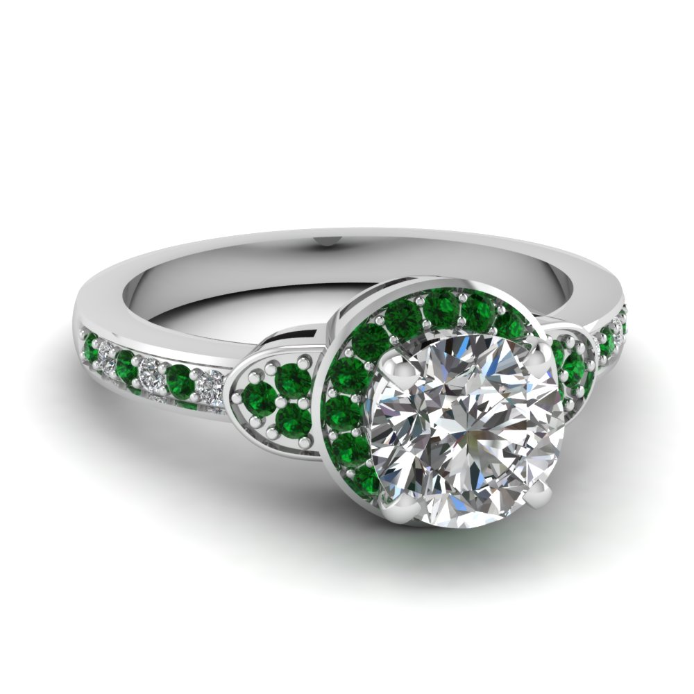 Round Diamond And Emerald Halo Gemstone Ring