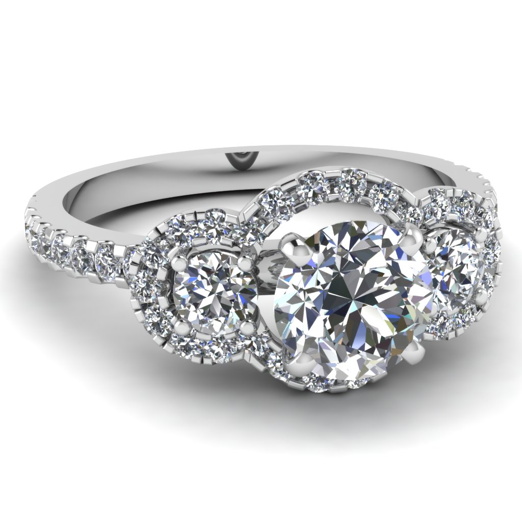 Round Cut diamond Halo Engagement Rings with White Diamond in 14K White Gold