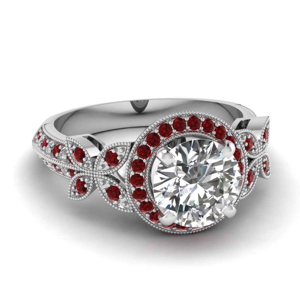 Round Cut Diamond Engagement Rings With Ruby Ruby In 14k White Gold