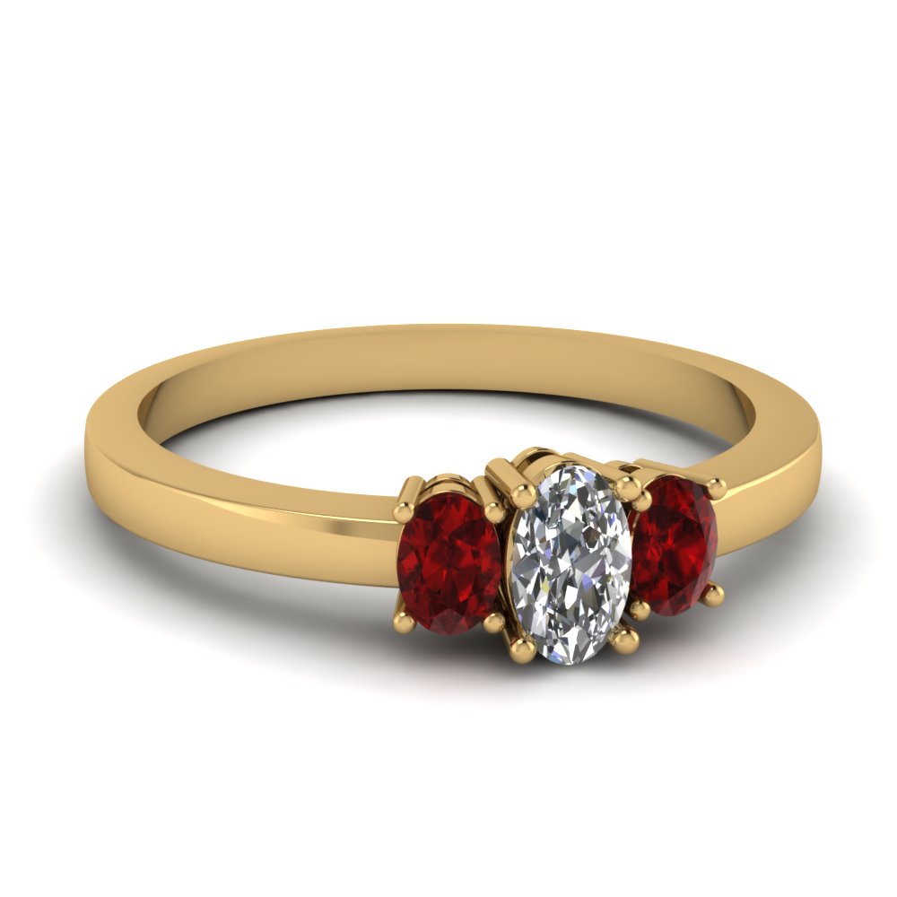 yellow gold oval white diamond engagement wedding ring with red ruby in prong set FDENR2712OVRGRUDR NL YG