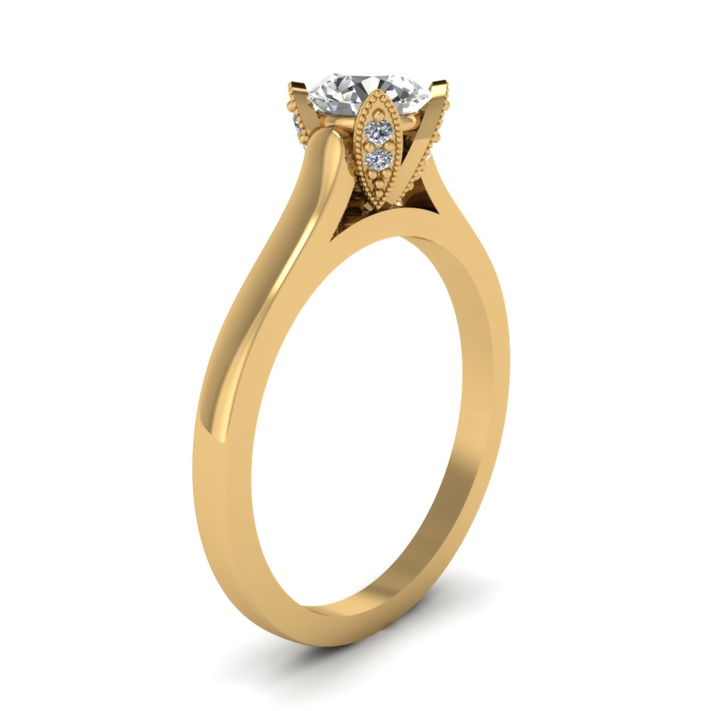 Yellow Gold Solitaire Ring With Accent Milgrain Diamond 