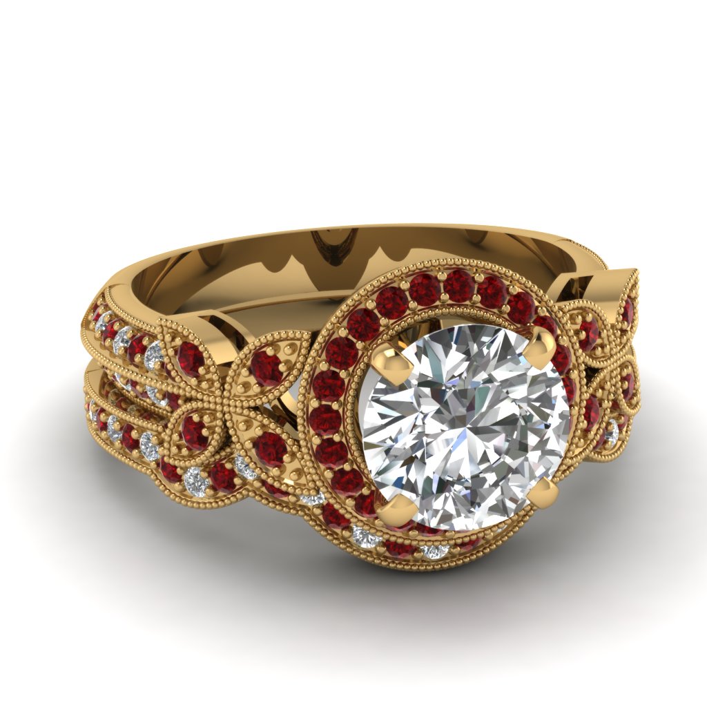 gold-round-white-diamond-engagement-wedding-ring-red-ruby-in-pave-set ...